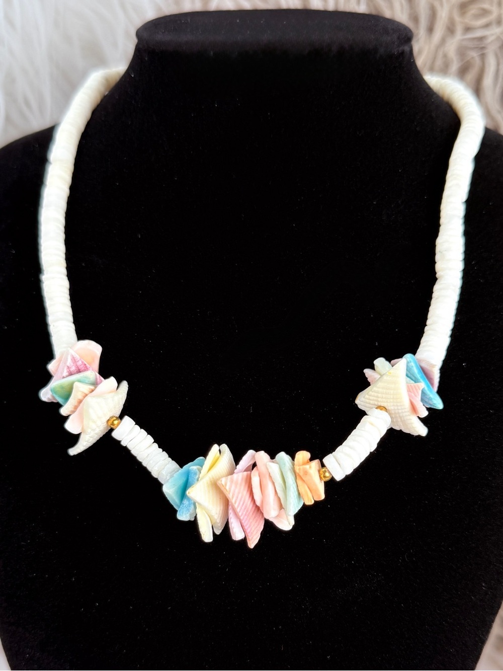 Pastel Shell Chip Bead Necklace White Heishi Beach Coastal Statement Boho